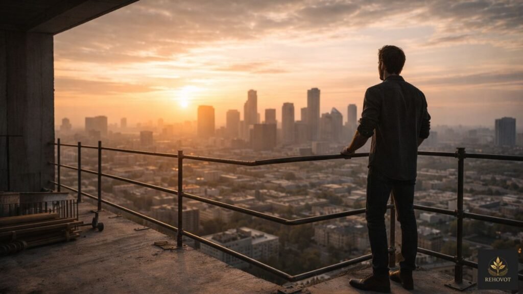 Homem em estrutura elevada inacabada observando horizonte urbano ao amanhecer, representando construção financeira ao longo do tempo
