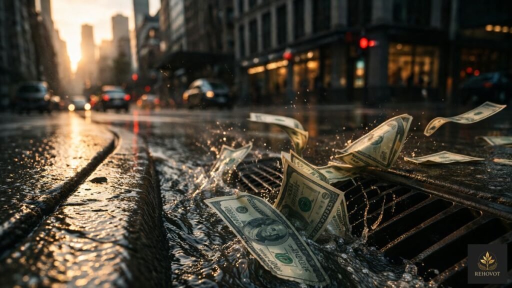 Dinheiro sendo levado pela água em rua urbana, representando fluxo financeiro sem retenção