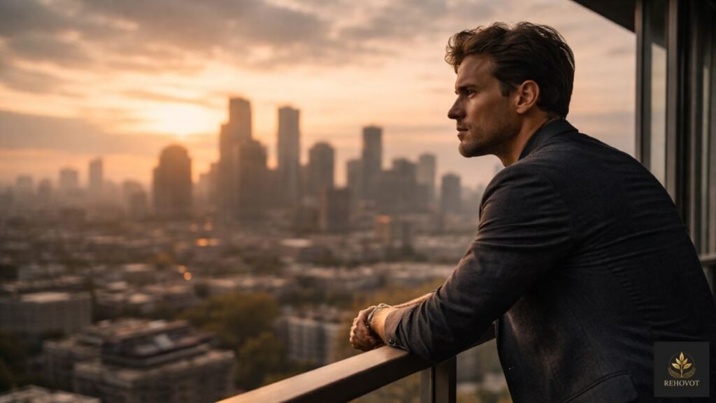 Pessoa bem vestida olhando horizonte com expressão pensativa 