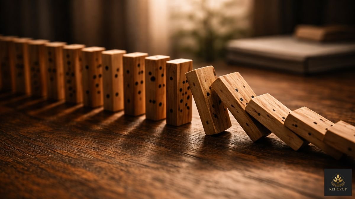 Sequência interrompida de elementos alinhados simbolizando quebra de consistência