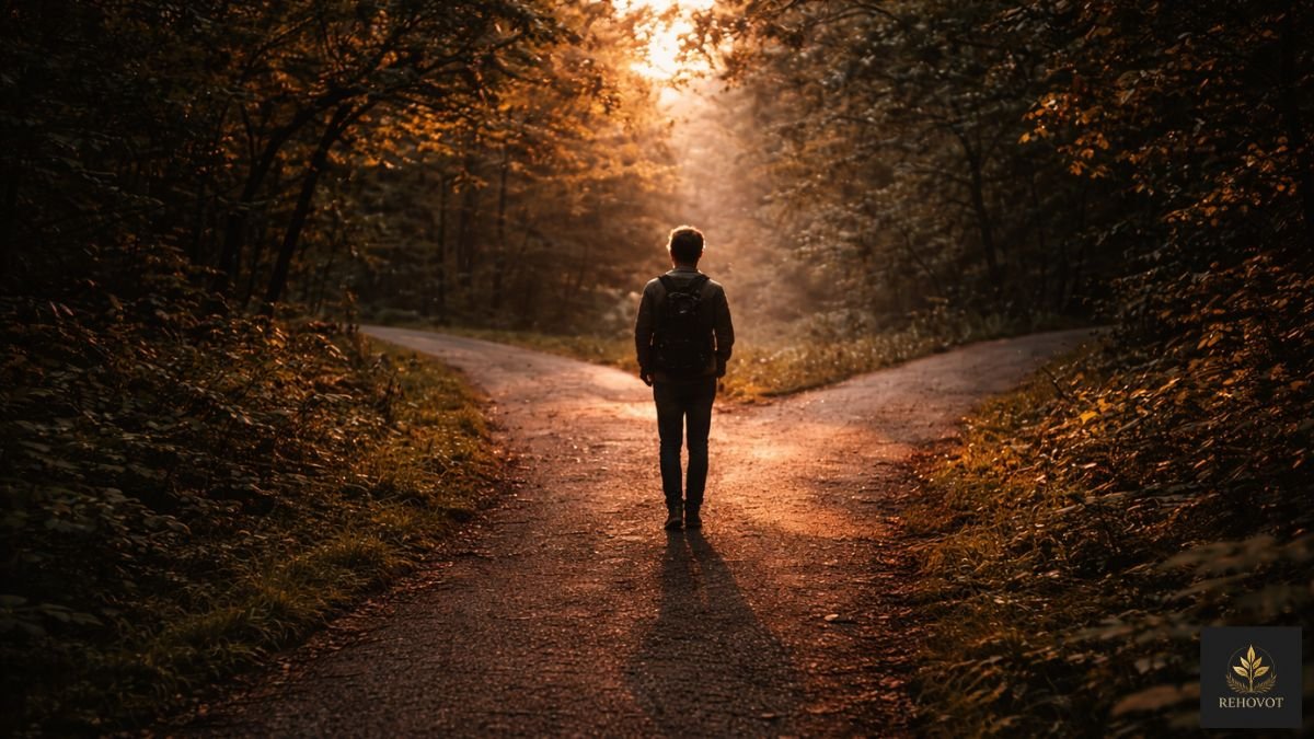 Pessoa diante de caminho com luz e sombra representando decisão