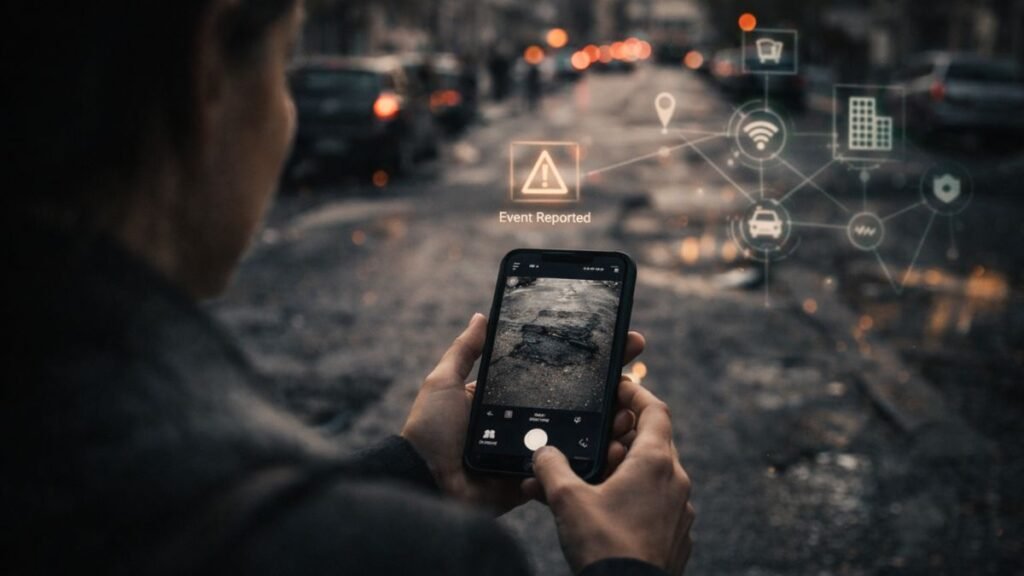 Pessoa registrando demanda urbana em aplicativo