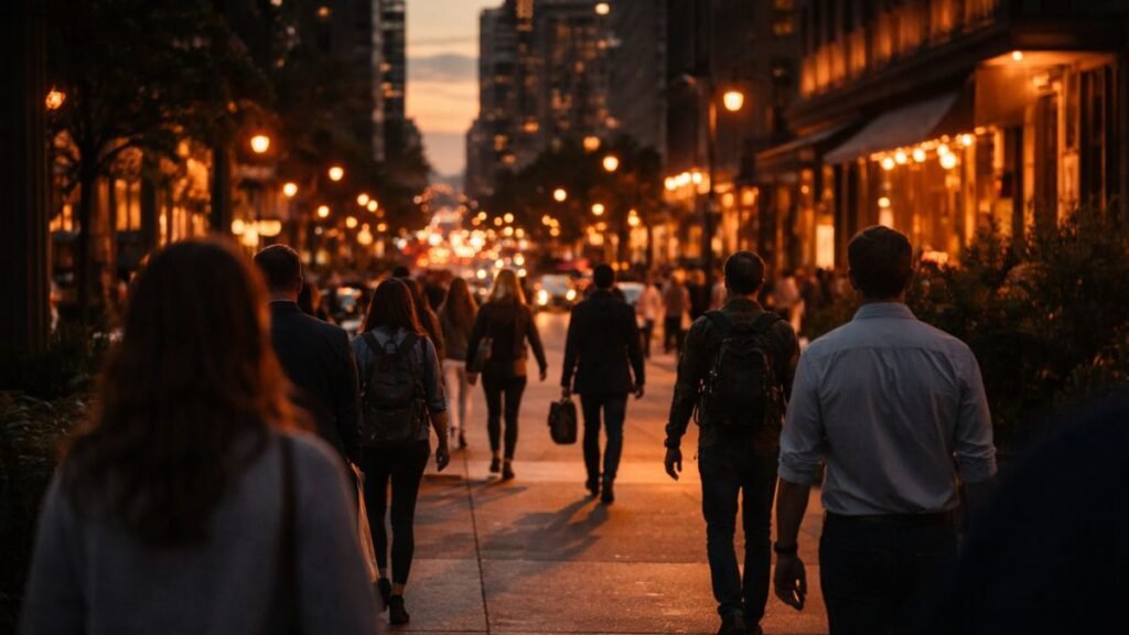 Pessoas caminhando em cidade ao entardecer