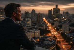 Gestor público observando cidade urbana ao entardecer