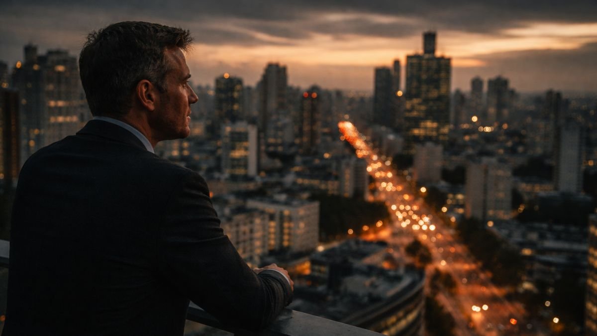 Gestor público observando cidade urbana ao entardecer