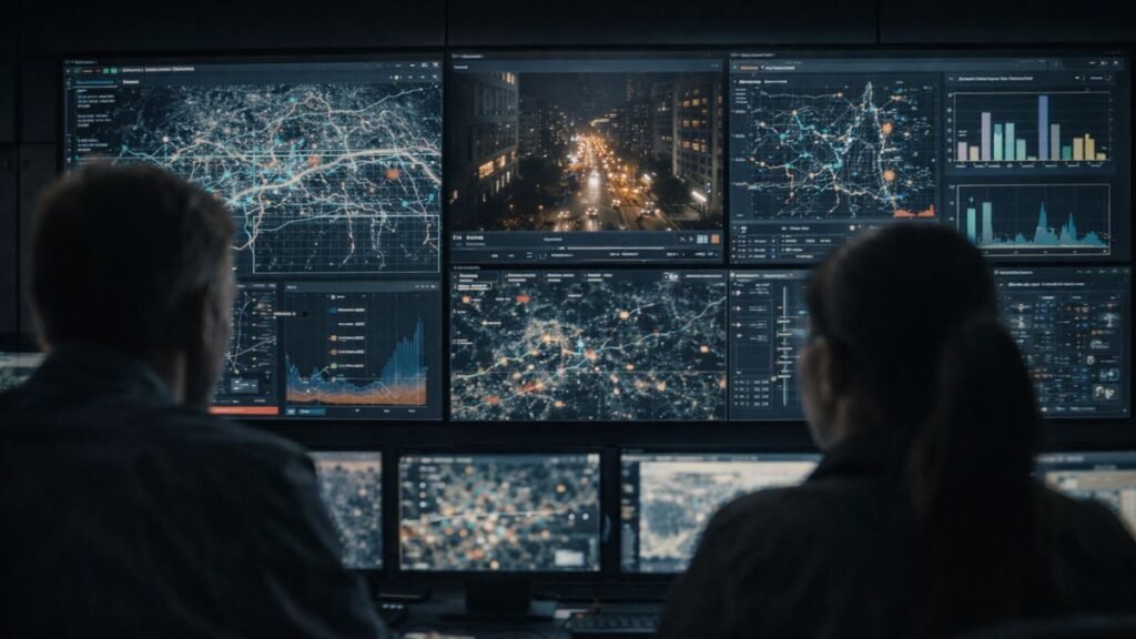 Equipe analisando dados urbanos em tempo real