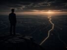 Executivo observando horizonte tecnológico complexo com múltiplos caminhos digitais ao amanhecer, simbolizando maturidade estratégica e capacidade construída na era da inteligência artificial.