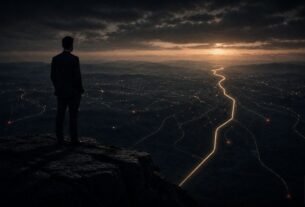 Executivo observando horizonte tecnológico complexo com múltiplos caminhos digitais ao amanhecer, simbolizando maturidade estratégica e capacidade construída na era da inteligência artificial.