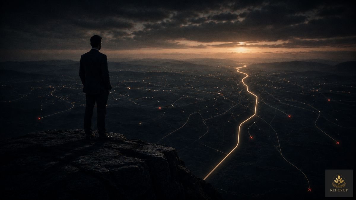 Executivo observando horizonte tecnológico complexo com múltiplos caminhos digitais ao amanhecer, simbolizando maturidade estratégica e capacidade construída na era da inteligência artificial.