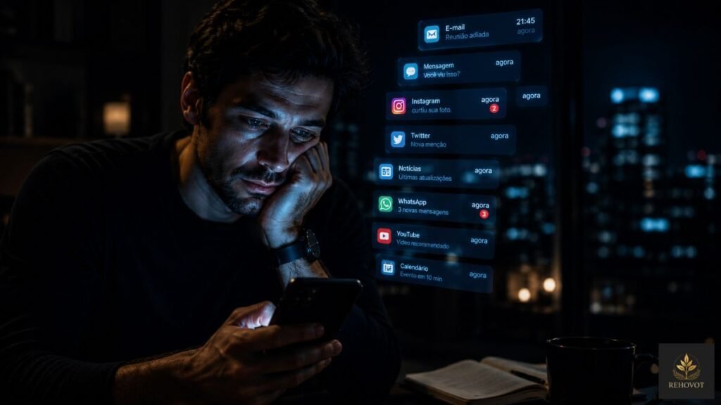 Pessoa observando smartphone em ambiente escuro com múltiplas notificações refletidas no rosto
