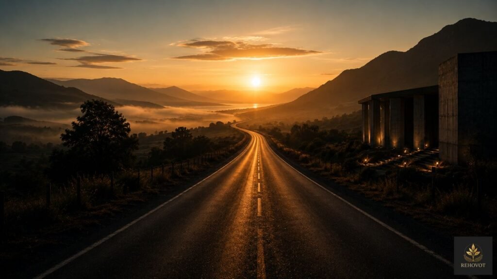 Estrada longa atravessando ambiente silencioso ao amanhecer simbolizando permanência e construção gradual
