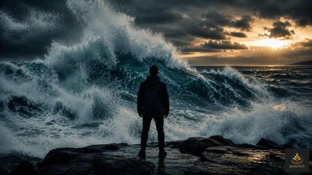 Pessoa em pé diante de ondas violentas simbolizando pressão, adaptação e resistência emocional