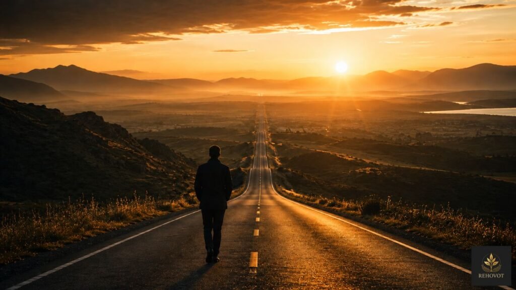 Estrada longa iluminada ao amanhecer simbolizando construção de longo prazo e clareza estratégica