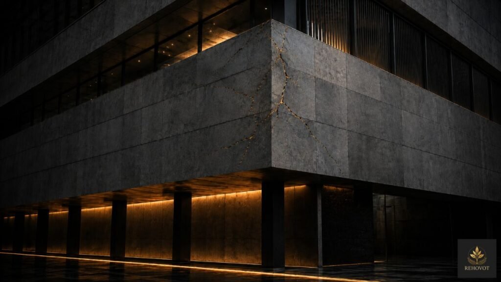 Prédio moderno com rachaduras sutis ocultas sob iluminação elegante