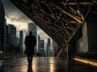 Homem caminhando sozinho em cidade moderna sob estrutura metálica simbolizando fragilidade invisível da sociedade contemporânea