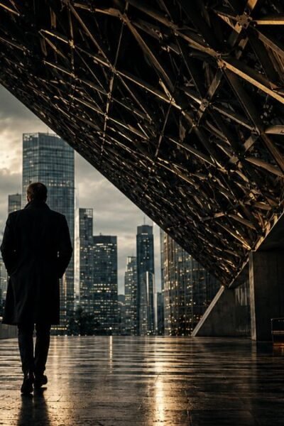 Homem caminhando sozinho em cidade moderna sob estrutura metálica simbolizando fragilidade invisível da sociedade contemporânea