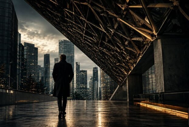 Homem caminhando sozinho em cidade moderna sob estrutura metálica simbolizando fragilidade invisível da sociedade contemporânea
