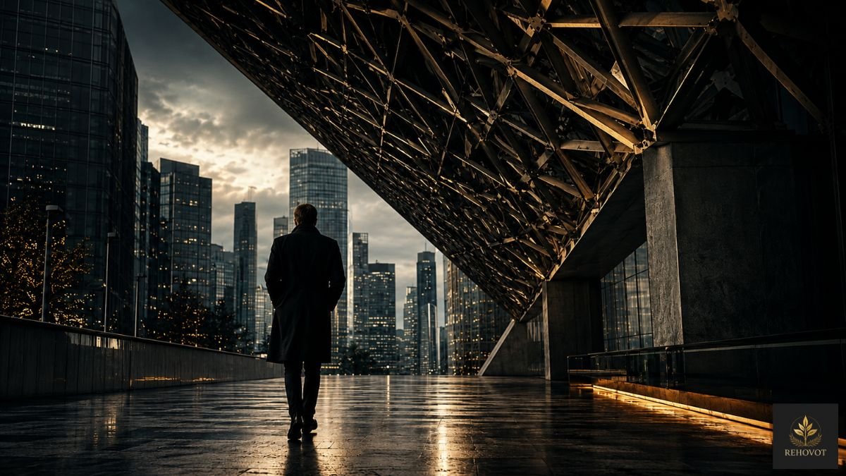 Homem caminhando sozinho em cidade moderna sob estrutura metálica simbolizando fragilidade invisível da sociedade contemporânea