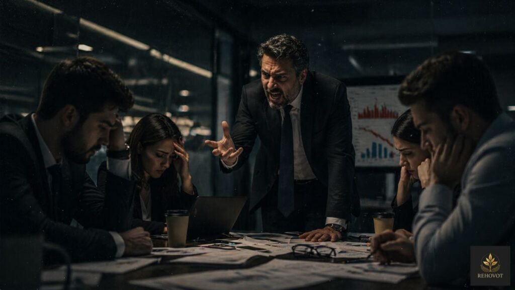 Líder pressionando equipe em ambiente corporativo