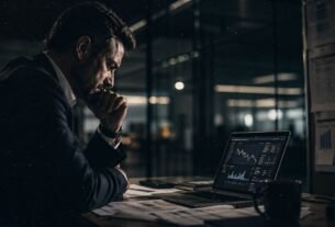 Executivo analisando dados sob pressão em ambiente corporativo
