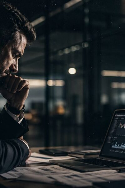 Executivo analisando dados sob pressão em ambiente corporativo