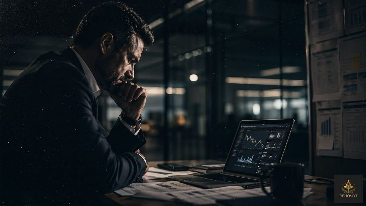 Executivo analisando dados sob pressão em ambiente corporativo
