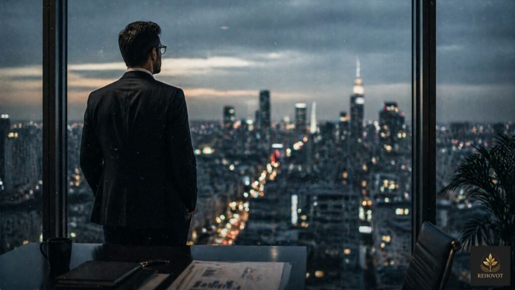 Líder observando horizonte urbano refletindo sobre crescimento estratégico