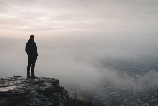 Homem observando horizonte encoberto por neblina enquanto apenas parte da paisagem está visível.
