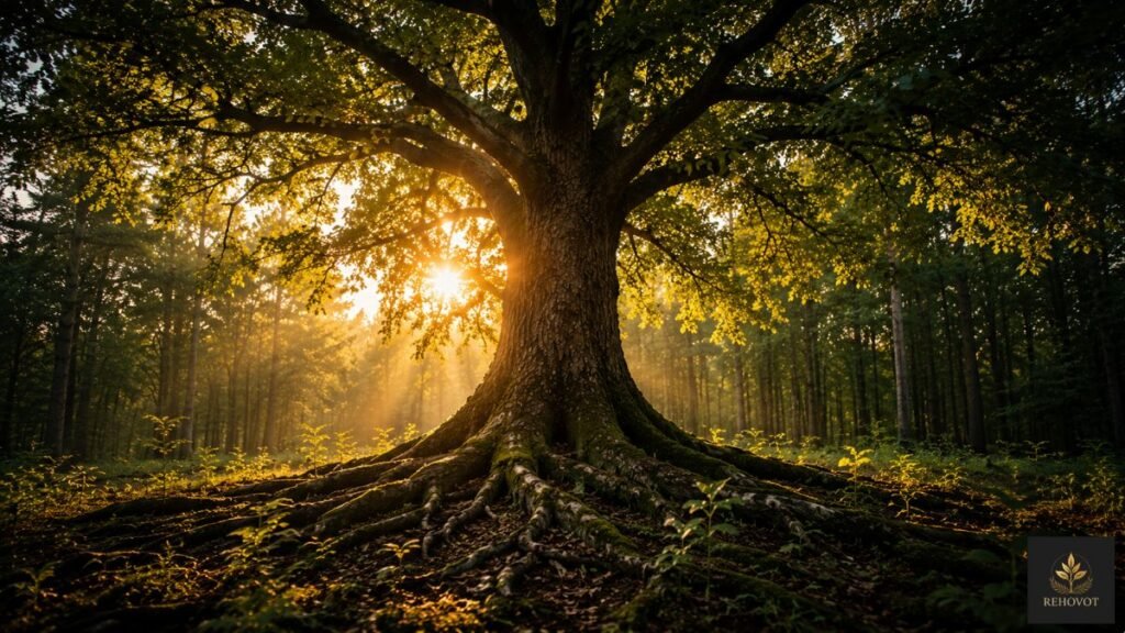 Árvore adulta com raízes profundas e copa completa iluminada pela luz do amanhecer.