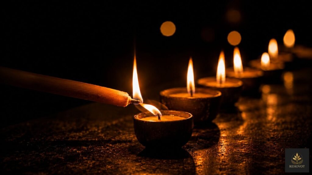 Velas acesas transmitindo chama umas às outras em ambiente escuro.