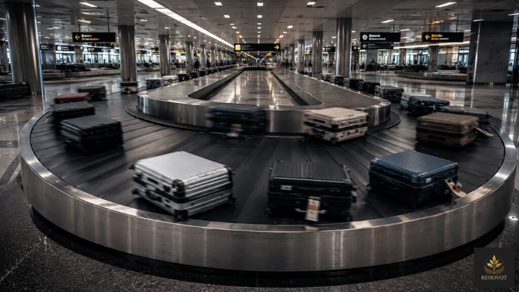 Esteira transportadora de aeroporto movimentando bagagens em diferentes direções.