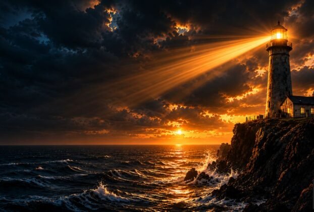 Farol iluminando o oceano durante uma tempestade intensa enquanto ondas atingem a costa.