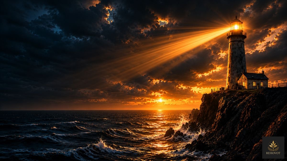 Farol iluminando o oceano durante uma tempestade intensa enquanto ondas atingem a costa.