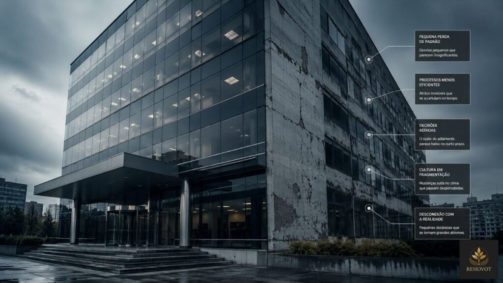 Prédio corporativo aparentemente estável enquanto pequenos sinais de desgaste surgem discretamente em sua estrutura.