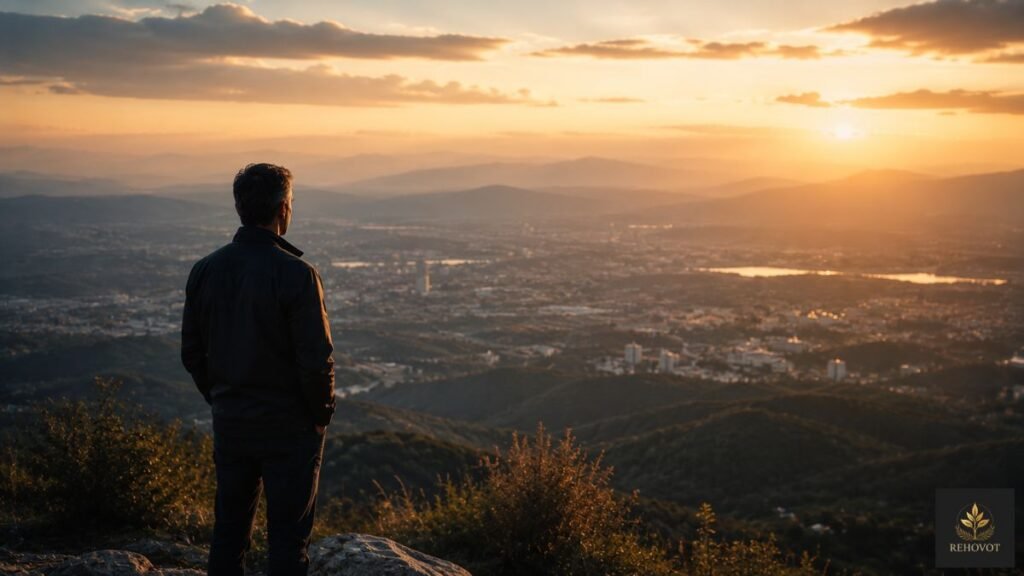 Líder observando uma paisagem ampla a partir de um ponto elevado enquanto o horizonte se revela gradualmente.