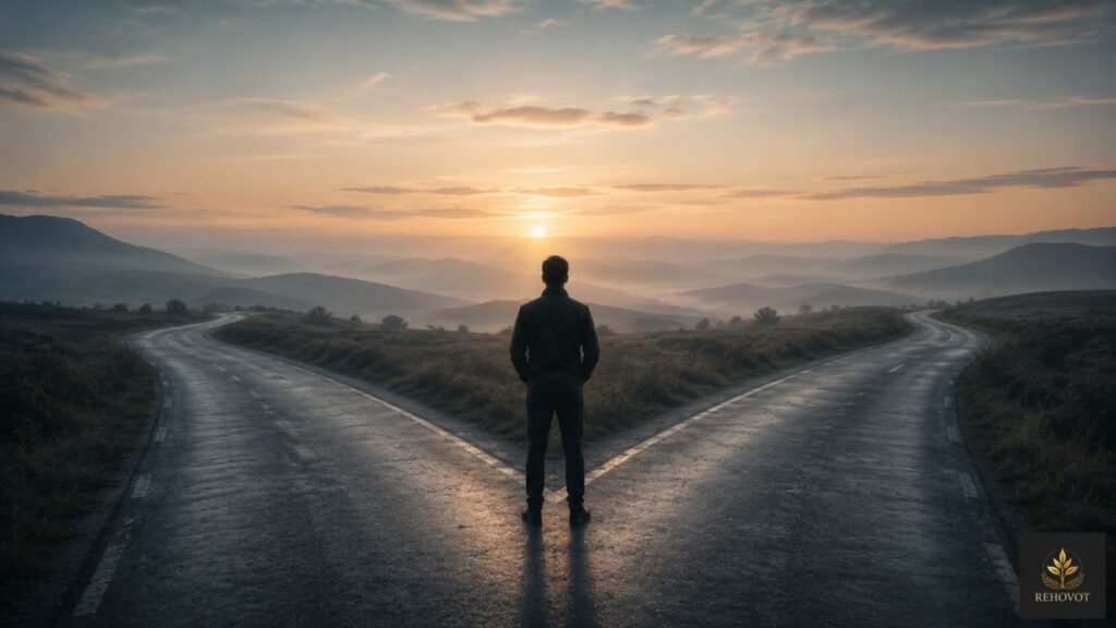 Estrada dividindo-se em duas direções sob luz suave do amanhecer.
Legenda editorial
