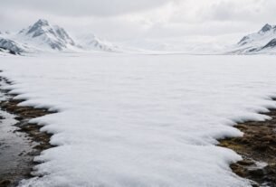 Paisagem coberta por neve começando a derreter discretamente nas extremidades enquanto o centro permanece aparentemente intacto.