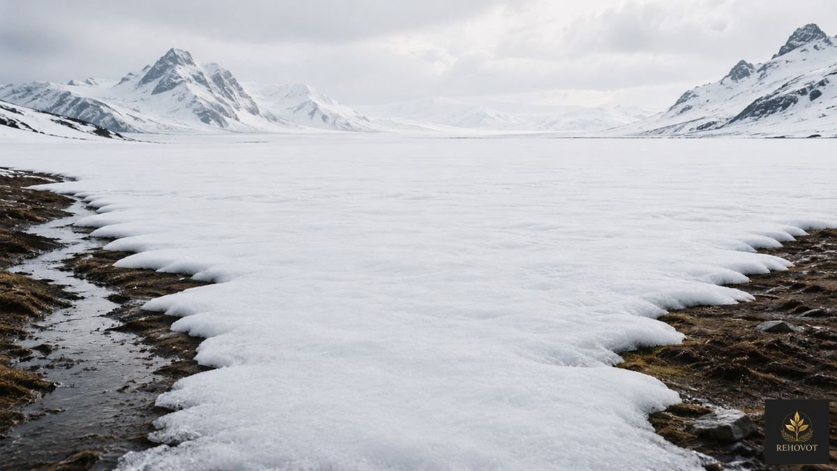 Paisagem coberta por neve começando a derreter discretamente nas extremidades enquanto o centro permanece aparentemente intacto.