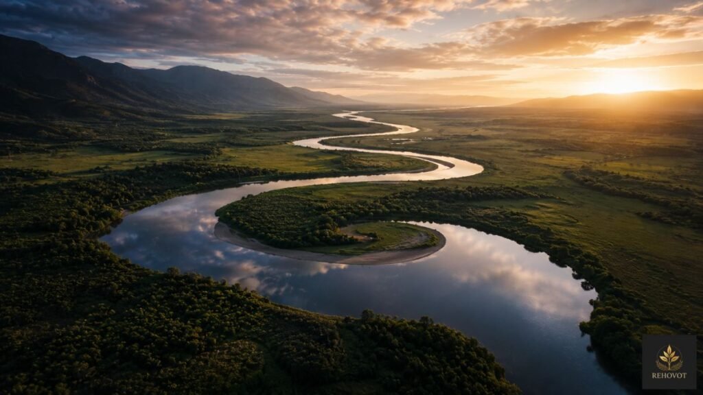 Rio sinuoso visto do alto formando curvas suaves em direção ao horizonte.