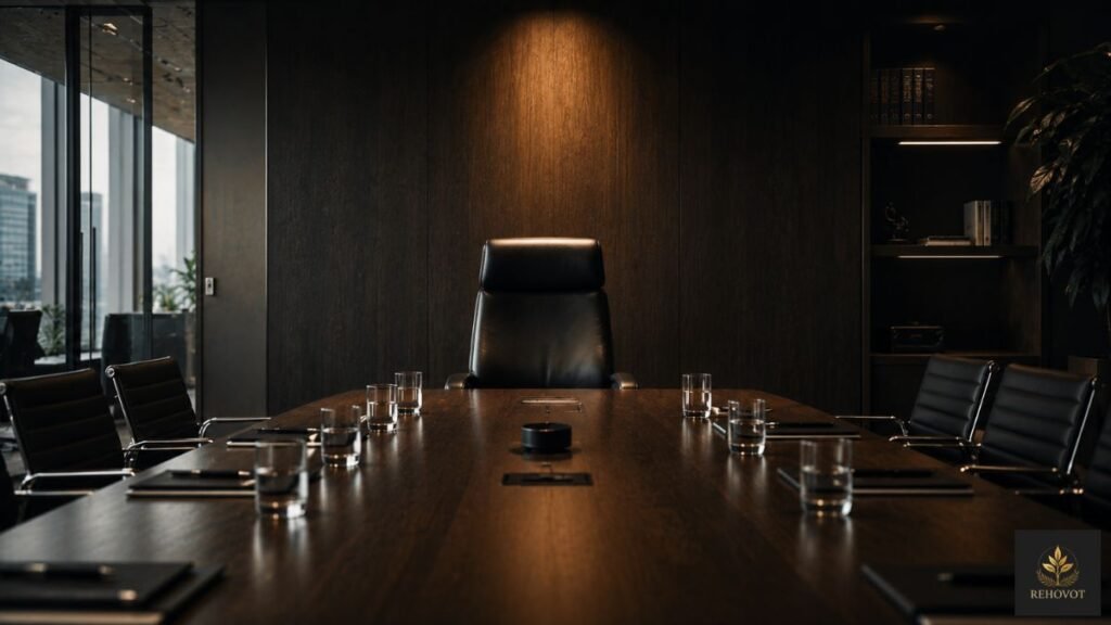 Sala de reunião vazia com uma cadeira de liderança desocupada sob iluminação dramática.