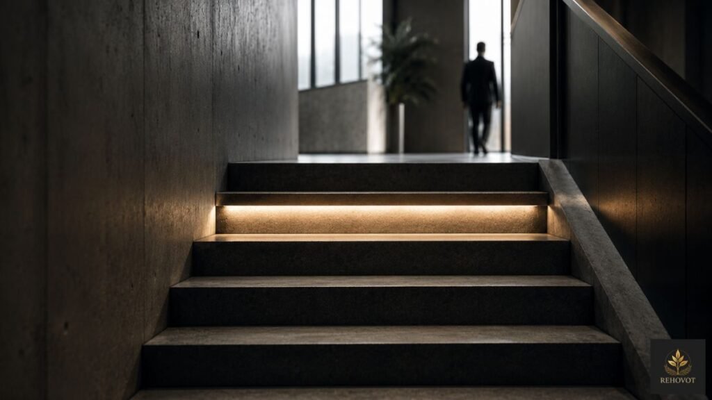 Escada corporativa moderna com um único degrau iluminado, simbolizando a passagem entre funções profissionais.