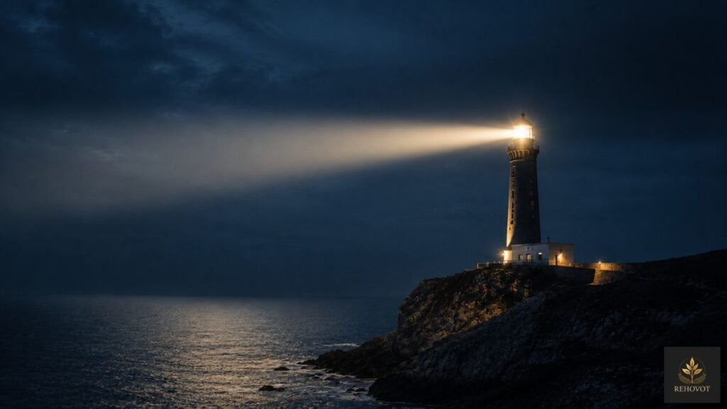 Farol iluminando o mar durante a noite, simbolizando orientação e liderança de longo prazo.