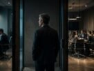 Executivo observa uma equipe trabalhando enquanto permanece entre duas portas corporativas, simbolizando a transição entre desempenho individual e liderança.