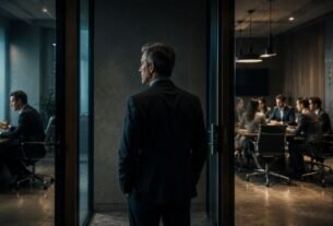 Executivo observa uma equipe trabalhando enquanto permanece entre duas portas corporativas, simbolizando a transição entre desempenho individual e liderança.