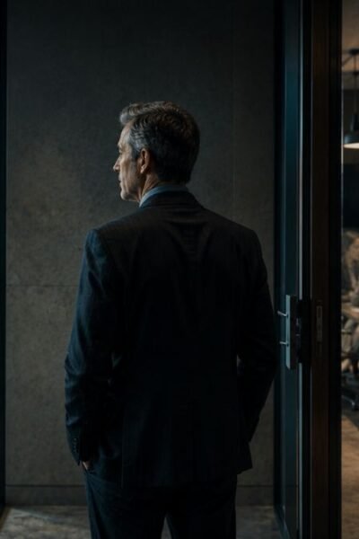 Executivo observa uma equipe trabalhando enquanto permanece entre duas portas corporativas, simbolizando a transição entre desempenho individual e liderança.