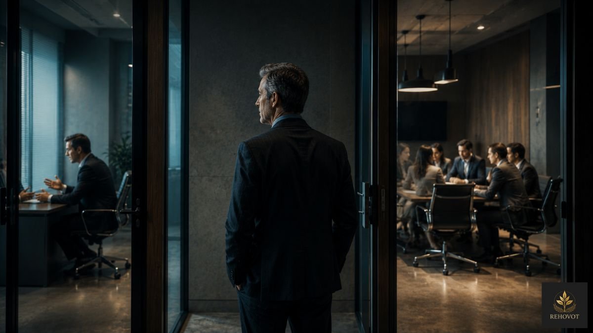 Executivo observa uma equipe trabalhando enquanto permanece entre duas portas corporativas, simbolizando a transição entre desempenho individual e liderança.