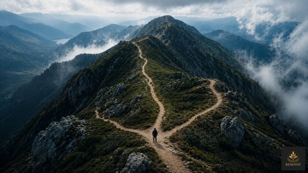 Trilha em montanha dividindo-se em diferentes caminhos conforme a altitude aumenta.