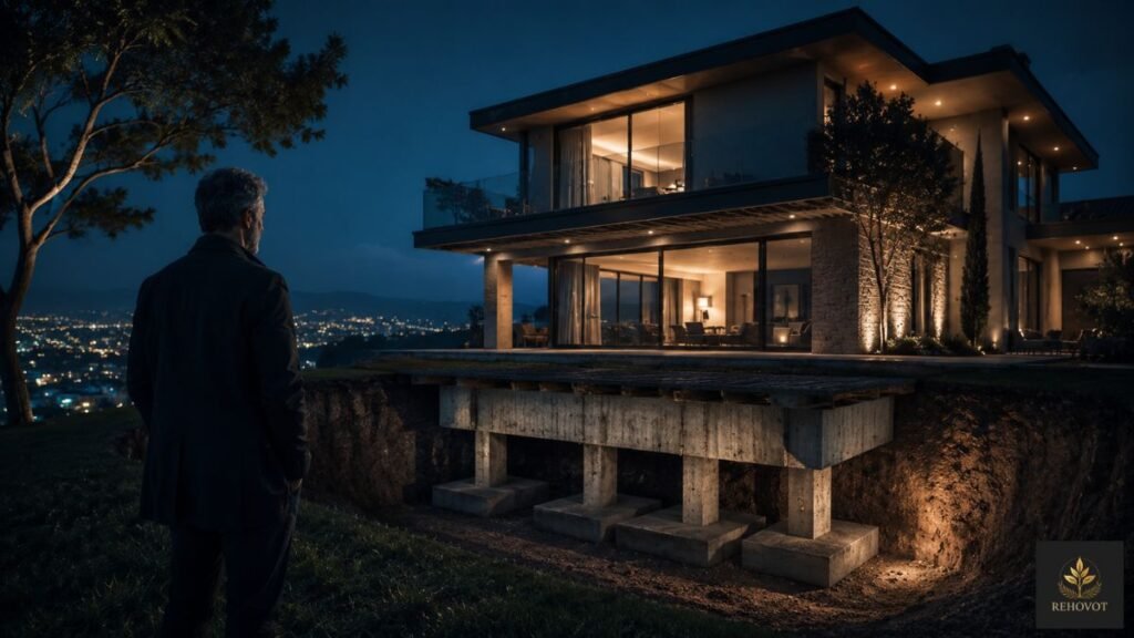 Casa iluminada à noite com corte sugerindo fundação oculta, metáfora de estrutura invisível na riqueza