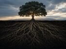 Árvore de grande porte com raízes profundas expostas em corte transversal, simbolizando a estrutura invisível que sustenta a prosperidade e a riqueza.