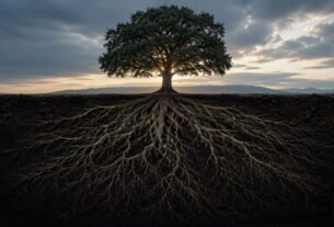 Árvore de grande porte com raízes profundas expostas em corte transversal, simbolizando a estrutura invisível que sustenta a prosperidade e a riqueza.